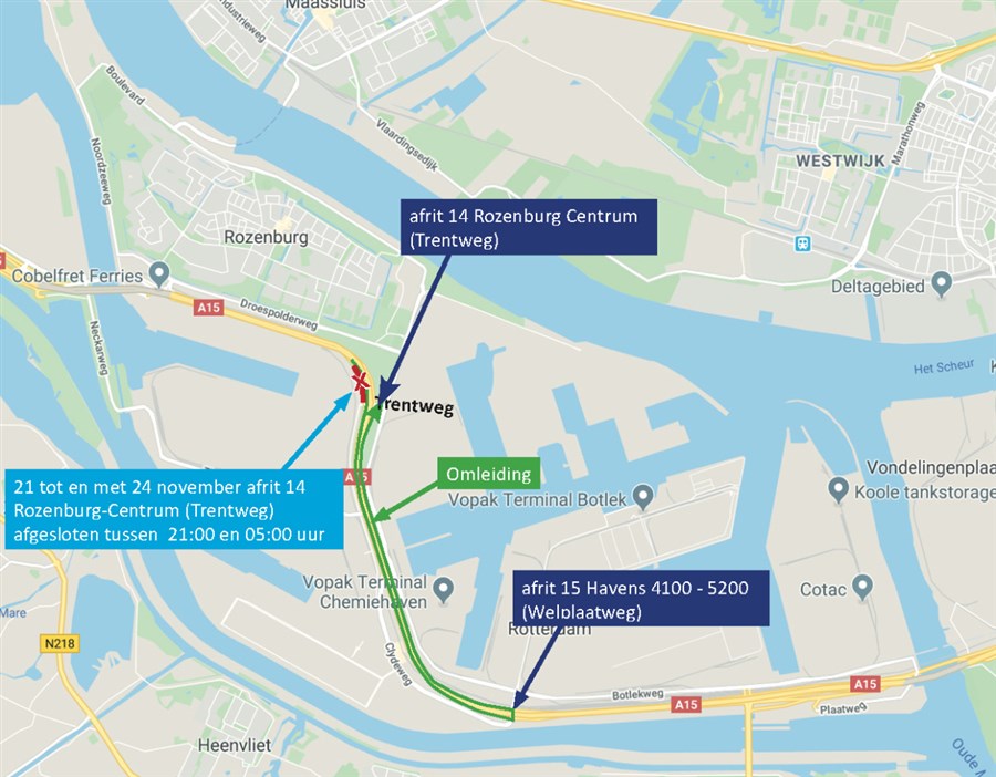 Bericht Nachtafsluiting afrit 14 Rozenburg-Centrum van A15 richting Rotterdam bekijken